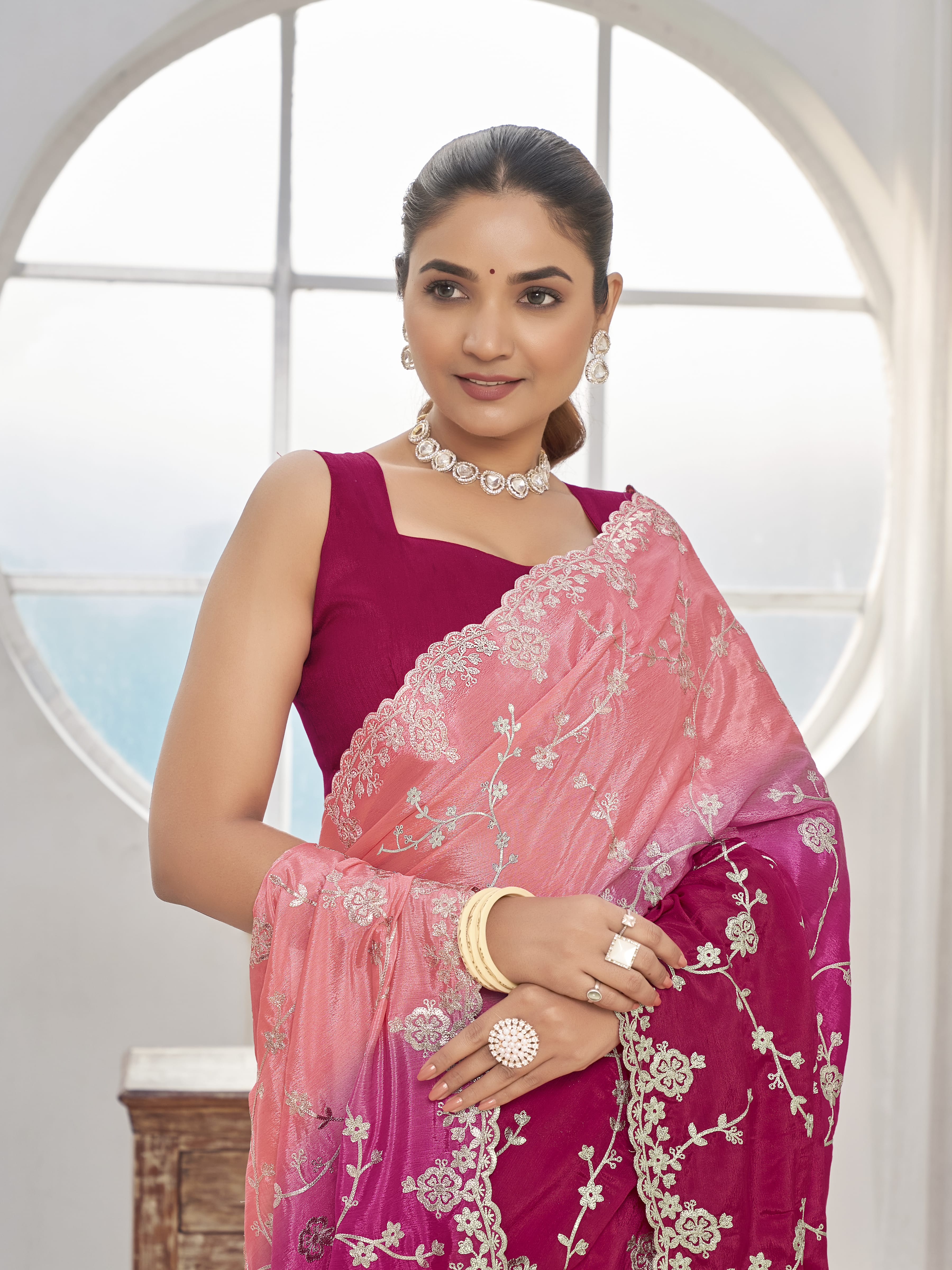 MANOHARI Georgette Embroidered Work Saree - Pink - Dista