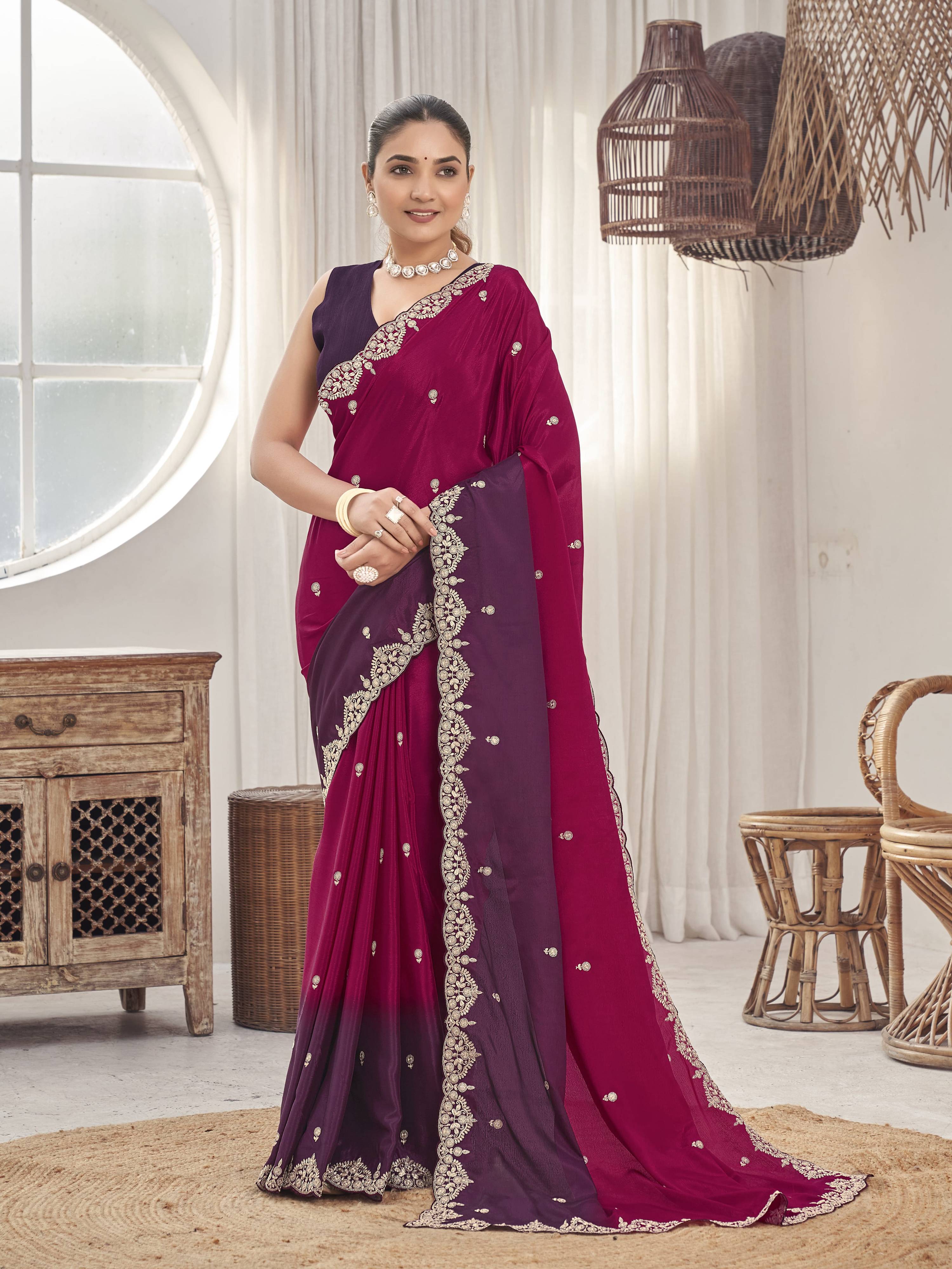 MANOHARI Georgette Embroidered Work Saree - Red - Dista