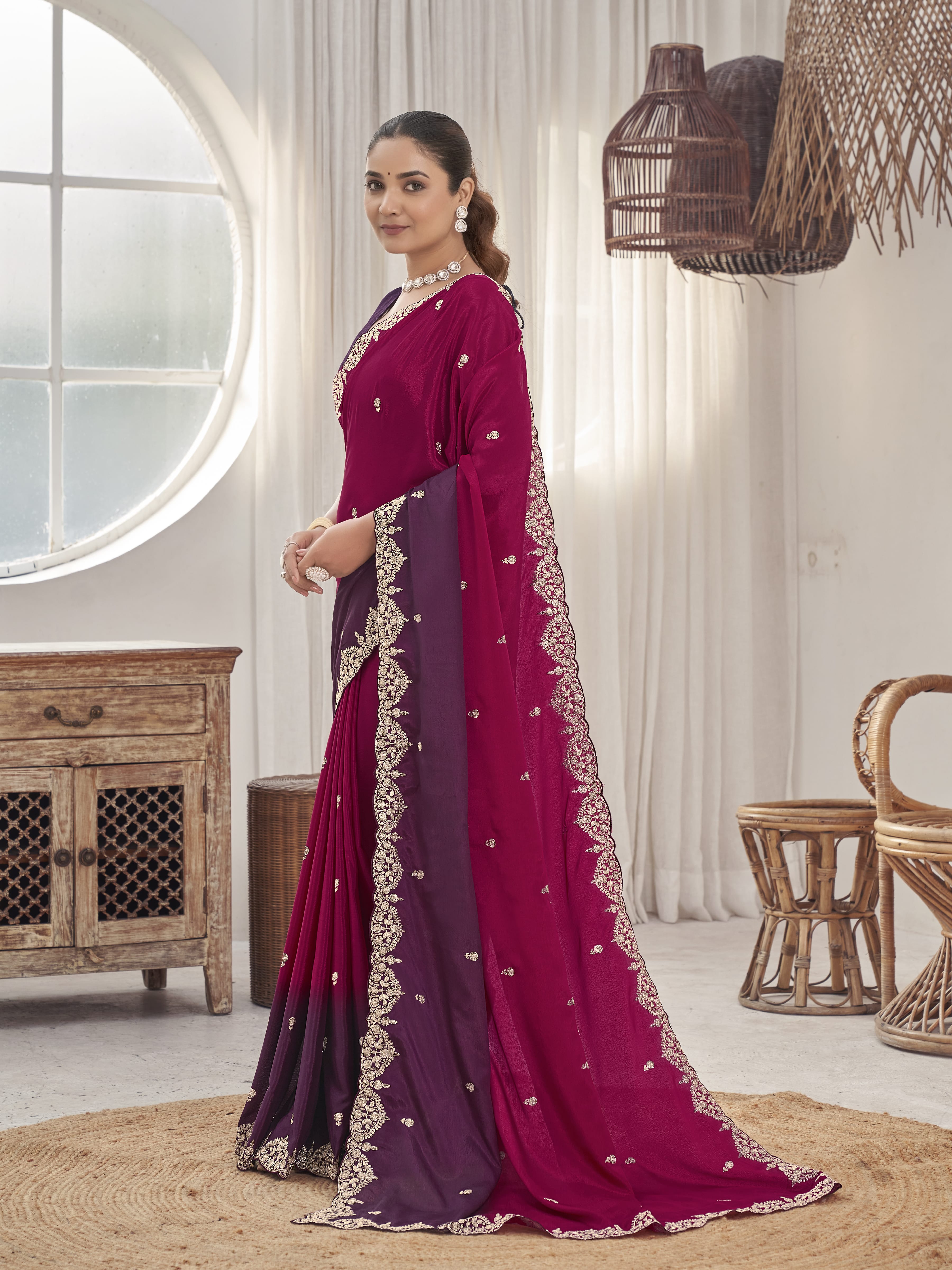 MANOHARI Georgette Embroidered Work Saree - Red - Dista