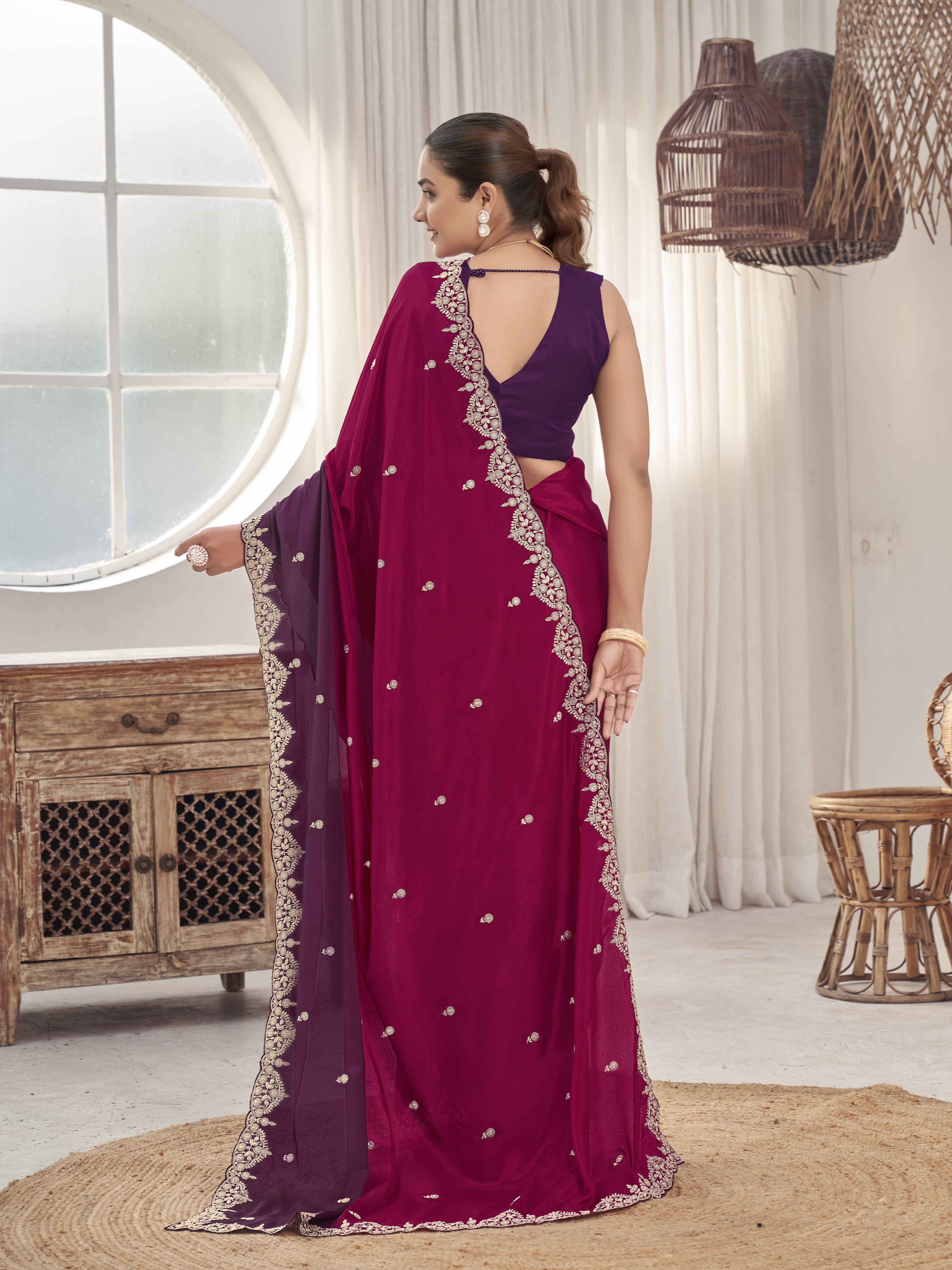 MANOHARI Georgette Embroidered Work Saree - Red - Dista
