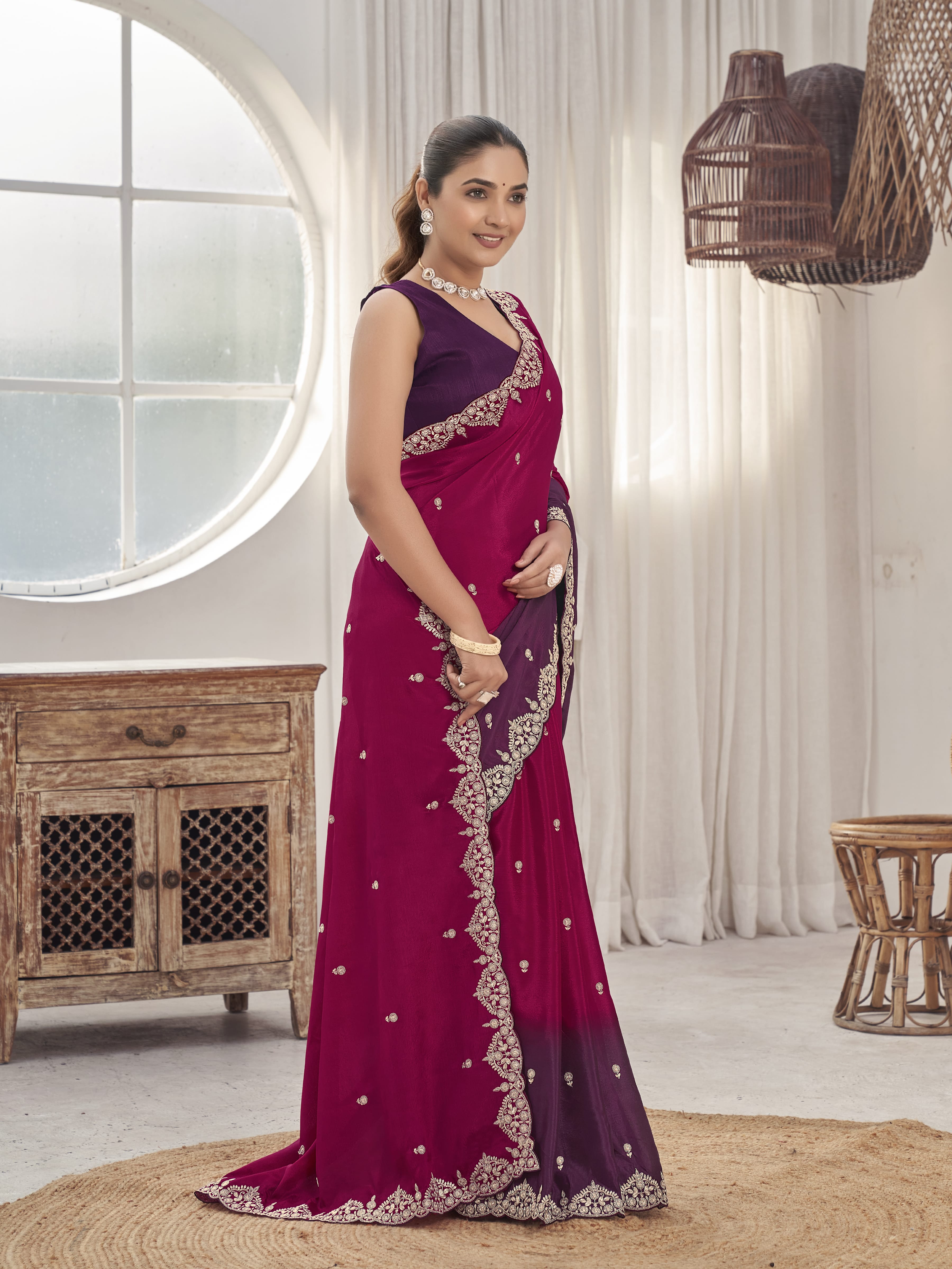 MANOHARI Georgette Embroidered Work Saree - Red - Dista