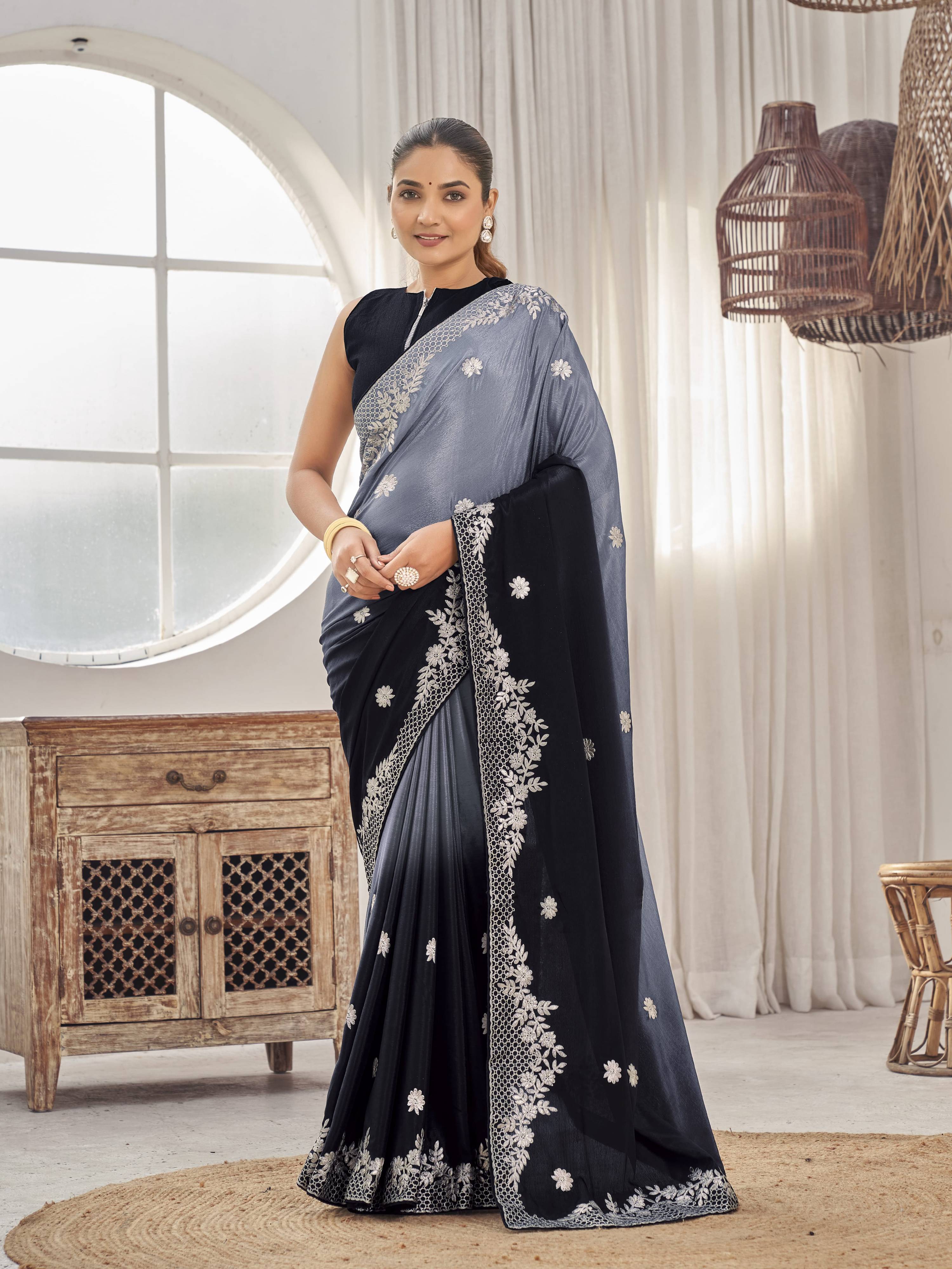 MANOHARI Georgette Embroidered Work Saree - Black - Dista