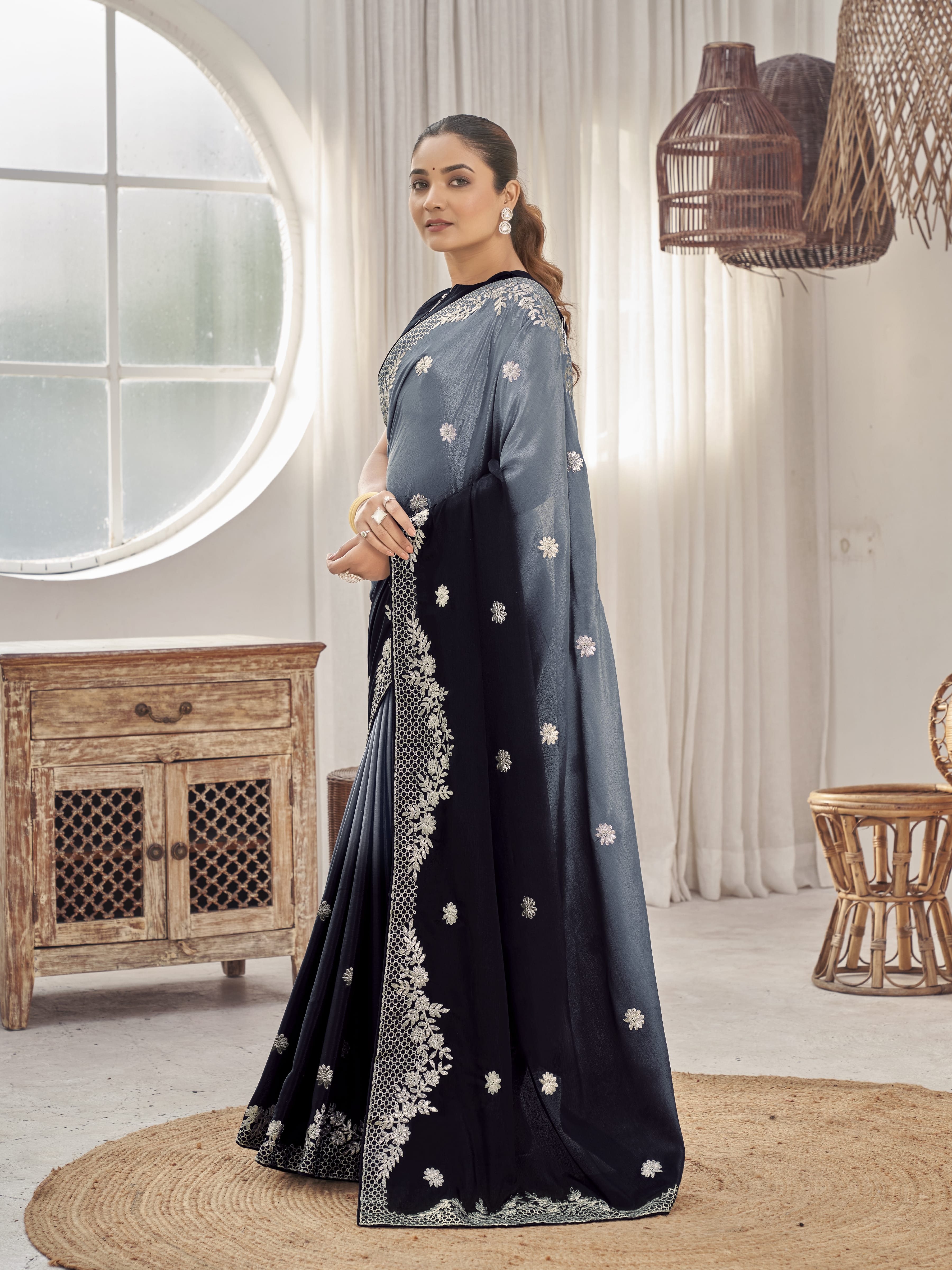 MANOHARI Georgette Embroidered Work Saree - Black - Dista