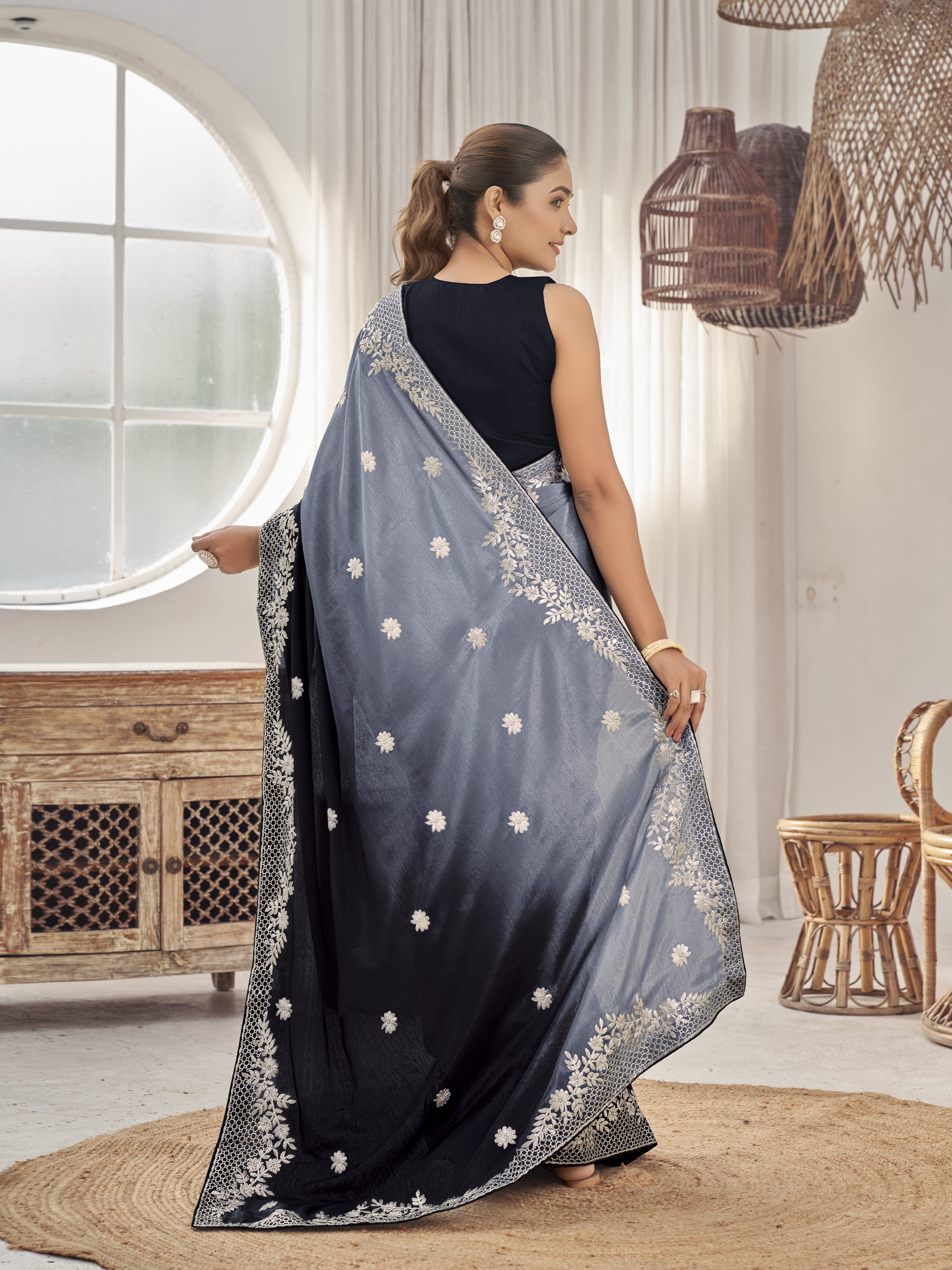MANOHARI Georgette Embroidered Work Saree - Black - Dista