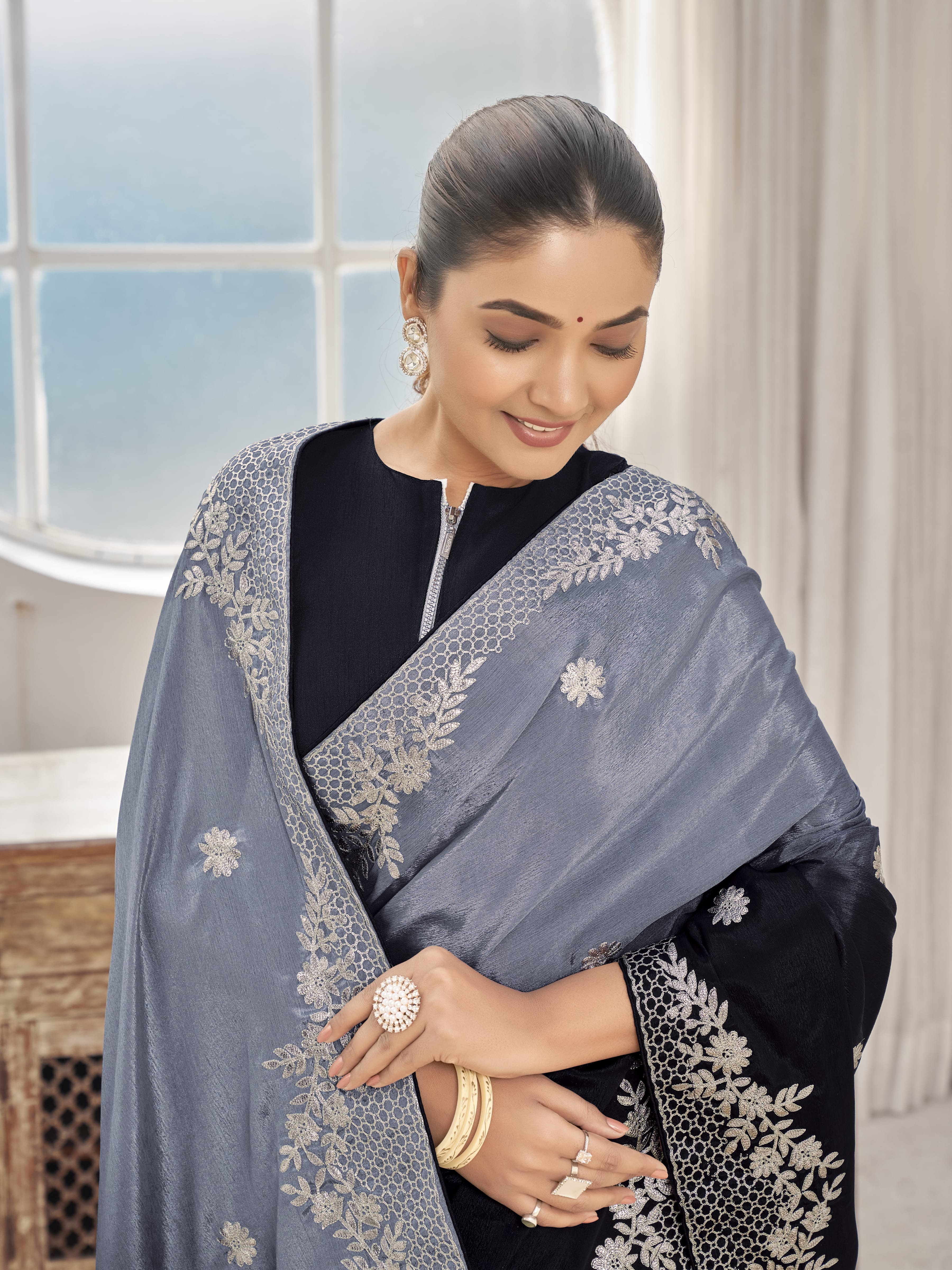 MANOHARI Georgette Embroidered Work Saree - Black - Dista
