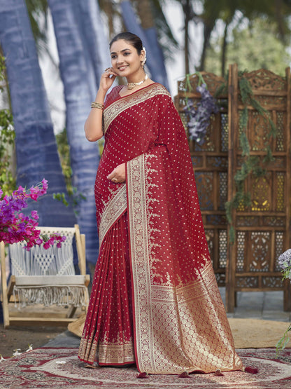 MANOHARI Banarasi Silk Blend Jacquard Work Saree - Red - Dista