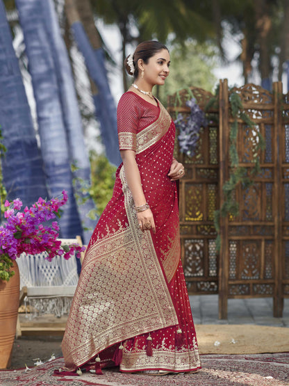 MANOHARI Banarasi Silk Blend Jacquard Work Saree - Red - Dista