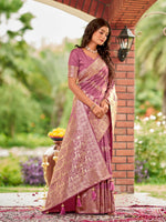 Thumbnail for MANOHARI Banarasi Silk Blend Jacquard Work Saree - Pink - Dista
