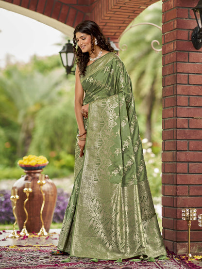 MANOHARI Banarasi Silk Blend Jacquard Work Saree - Green - Dista
