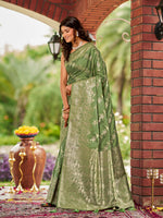 Thumbnail for MANOHARI Banarasi Silk Blend Jacquard Work Saree - Green - Dista