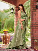 Thumbnail for MANOHARI Banarasi Silk Blend Jacquard Work Saree - Green - Dista