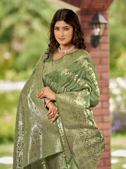 MANOHARI Banarasi Silk Blend Jacquard Work Saree - Green - Dista