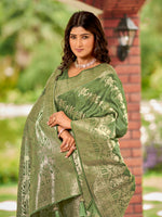 Thumbnail for MANOHARI Banarasi Silk Blend Jacquard Work Saree - Green - Dista