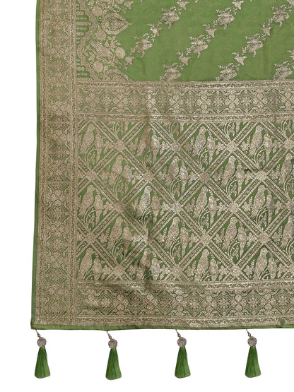 MANOHARI Banarasi Silk Blend Jacquard Work Saree - Green - Dista
