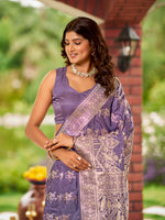 Thumbnail for MANOHARI Banarasi Silk Blend Jacquard Work Saree - Purple - Dista