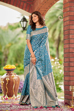 Thumbnail for MANOHARI Banarasi Silk Blend Jacquard Work Saree - Blue - Dista