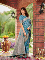 Thumbnail for MANOHARI Banarasi Silk Blend Jacquard Work Saree - Blue - Dista