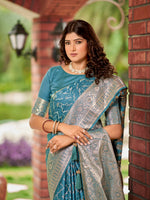 Thumbnail for MANOHARI Banarasi Silk Blend Jacquard Work Saree - Blue - Dista