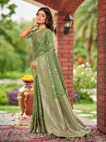 Thumbnail for MANOHARI Banarasi Silk Blend Jacquard Work Saree - Green - Dista