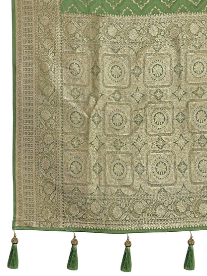 MANOHARI Banarasi Silk Blend Jacquard Work Saree - Green - Dista