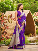 Thumbnail for MANOHARI Banarasi Silk Blend Jacquard Work Saree - Purple - Dista