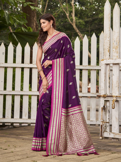 MANOHARI Banarasi Silk Blend Jacquard Work Saree - Purple - Dista