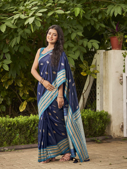 MANOHARI Banarasi Silk Blend Jacquard Work Saree - Blue - Dista