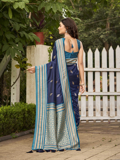 MANOHARI Banarasi Silk Blend Jacquard Work Saree - Blue - Dista