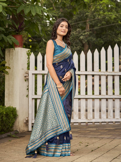 MANOHARI Banarasi Silk Blend Jacquard Work Saree - Blue - Dista
