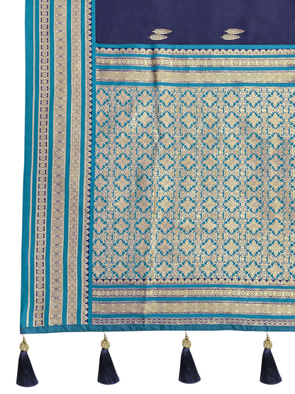 MANOHARI Banarasi Silk Blend Jacquard Work Saree - Blue - Dista