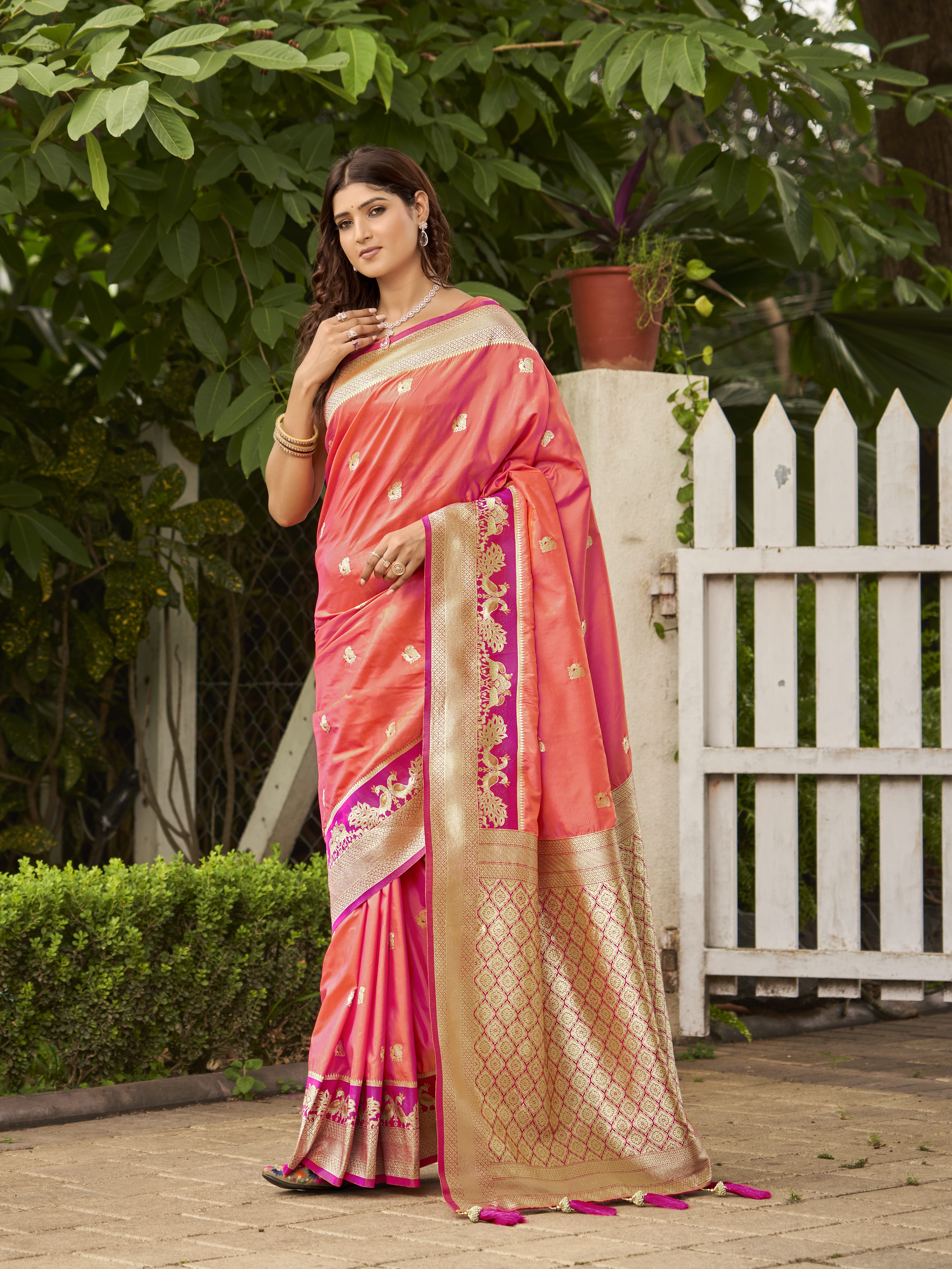 MANOHARI Banarasi Silk Blend Jacquard Work Saree - Orange - Dista