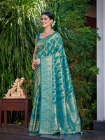 Thumbnail for MANOHARI Banarasi Silk Blend Jacquard Work Saree - Turquoise - Dista