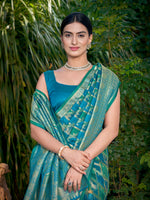 Thumbnail for MANOHARI Banarasi Silk Blend Jacquard Work Saree - Turquoise - Dista