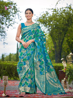 Thumbnail for MANOHARI Banarasi Silk Blend Jacquard Work Saree - Turquoise - Dista
