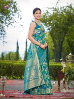 Thumbnail for MANOHARI Banarasi Silk Blend Jacquard Work Saree - Turquoise - Dista