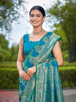 Thumbnail for MANOHARI Banarasi Silk Blend Jacquard Work Saree - Turquoise - Dista
