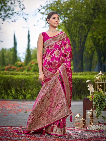 MANOHARI Banarasi Silk Blend Jacquard Work Saree - Pink - Dista