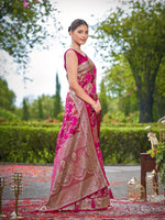Thumbnail for MANOHARI Banarasi Silk Blend Jacquard Work Saree - Pink - Dista