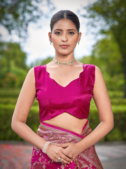 MANOHARI Banarasi Silk Blend Jacquard Work Saree - Pink - Dista