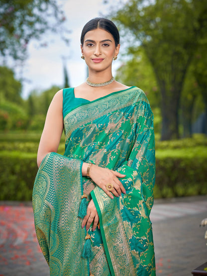 MANOHARI Banarasi Silk Blend Jacquard Work Saree - Green - Dista