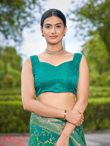 MANOHARI Banarasi Silk Blend Jacquard Work Saree - Green - Dista