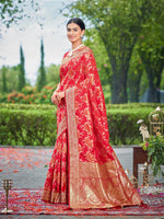 Thumbnail for MANOHARI Banarasi Silk Blend Jacquard Work Saree - Red - Dista