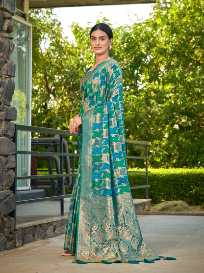 MANOHARI Banarasi Silk Blend Jacquard Work Saree - Turquoise - Dista