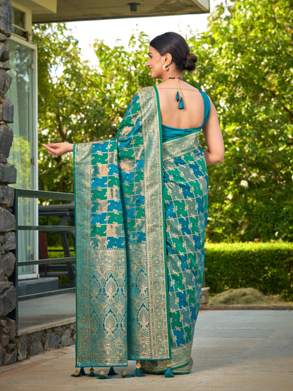 MANOHARI Banarasi Silk Blend Jacquard Work Saree - Turquoise - Dista