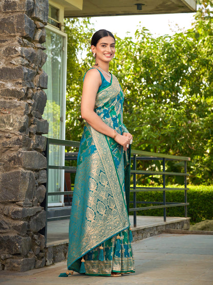 MANOHARI Banarasi Silk Blend Jacquard Work Saree - Turquoise - Dista