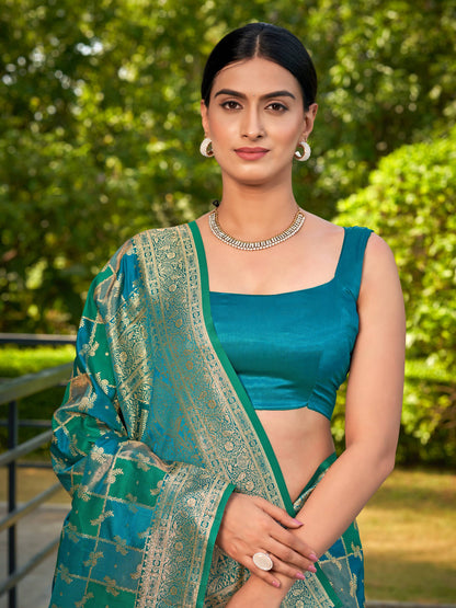 MANOHARI Banarasi Silk Blend Jacquard Work Saree - Turquoise - Dista