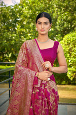 Thumbnail for MANOHARI Banarasi Silk Blend Jacquard Work Saree - Pink - Dista