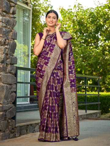 MANOHARI Banarasi Silk Blend Jacquard Work Saree - Purple - Dista