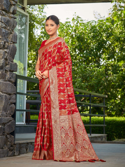 MANOHARI Banarasi Silk Blend Jacquard Work Saree - Red - Dista