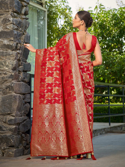 MANOHARI Banarasi Silk Blend Jacquard Work Saree - Red - Dista